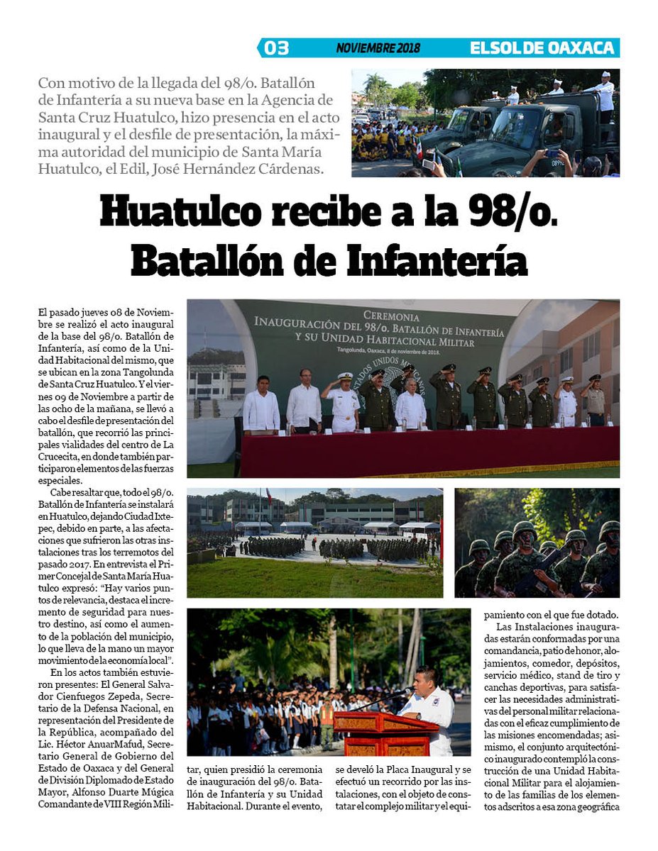 VicManOaxaca's tweet photo. #RevistaElSoldeOaxaca #EdicionDiciembre #Numero277 #Pag3
* Huatulco recibe al 98avo. Batallón de infantería.
#Huatulco #Sedena https://t.co/fk8NvVcJRO