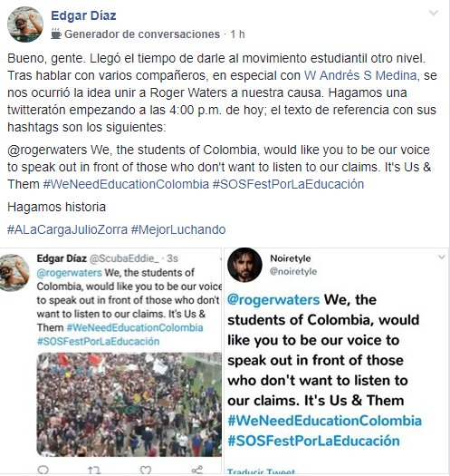 FabianGaleano95's tweet photo. @DanielSamperO @DanielSamperO ya que @rogerwaters tiene concierto en Bogotá este miércoles, queremos que él se sume a nuestra la defensa de la educación con el siguiente mensaje, ¡ayúdenos replicando este mensaje! Cópielo y trínelo varias veces, porfa. ¡Gracias! #WeNeedEducationColombia https://t.co/WEoa3yomlY