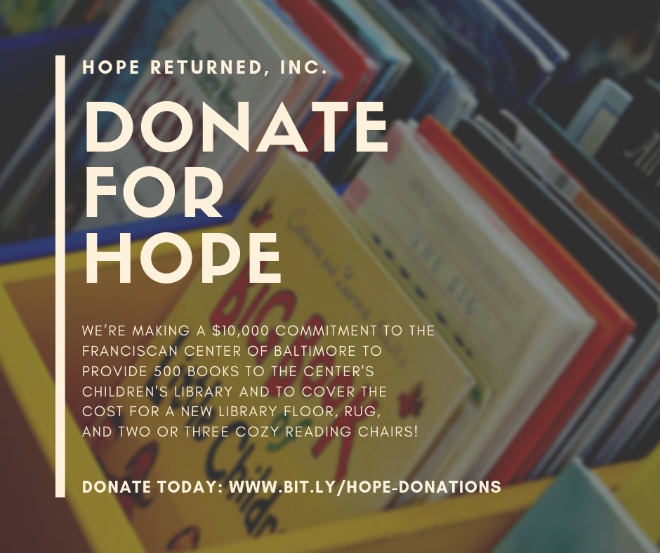 Hope_Returned's tweet photo. It's #GivingTuesday, and we can't think of a better way to do good than donating books to @FCBMORE. 📚 Its children's library encourages literacy by offering a safe space to read. Help us achieve our goal of donating 500 books - every donation counts! ❤️ https://t.co/nehBfDKJIl https://t.co/pukmmt968z