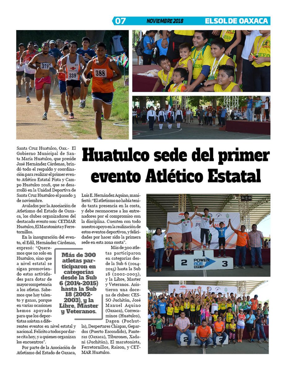 VicManOaxaca's tweet photo. #RevistaElSoldeOaxaca #EdicionDiciembre #Numero277 #Pag7
* #Huatulco sede del primer evento atlético estatal. https://t.co/AaMnHrpe1W