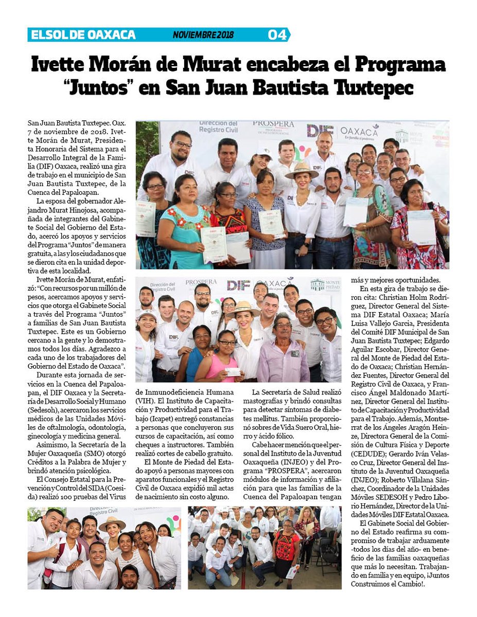 VicManOaxaca's tweet photo. #RevistaElSoldeOaxaca #EdicionDiciembre #Numero277 #Pag4
* @IvetteMurat encabeza el programa "juntos" en San Juan Bautista, Tuxtepec. https://t.co/2z5Ys6SHvE