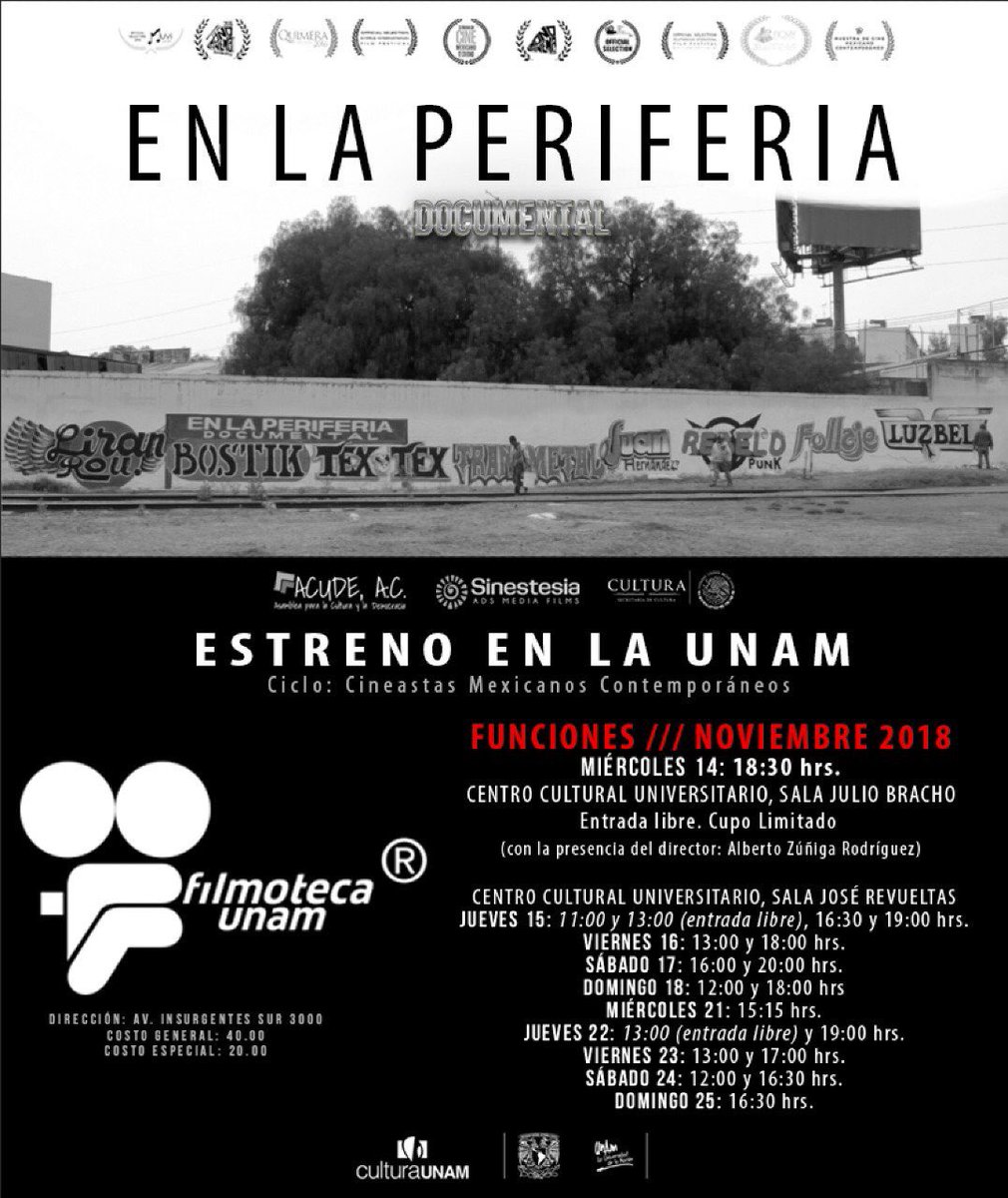 FilmotecaUNAM's tweet photo. ¿Ya tienes plan para hoy?
Esta noche asiste a nuestra función del documental 'En la periferia' (2016) y descubre el corazón de la vibrante industria del rock mexiquense. 🎬🎸🎶

¡Te esperamos en la Sala José Revueltas a las 20:00 h!

+ info: [ https://t.co/9GxUMAGEIw ] https://t.co/agAY0I2x89