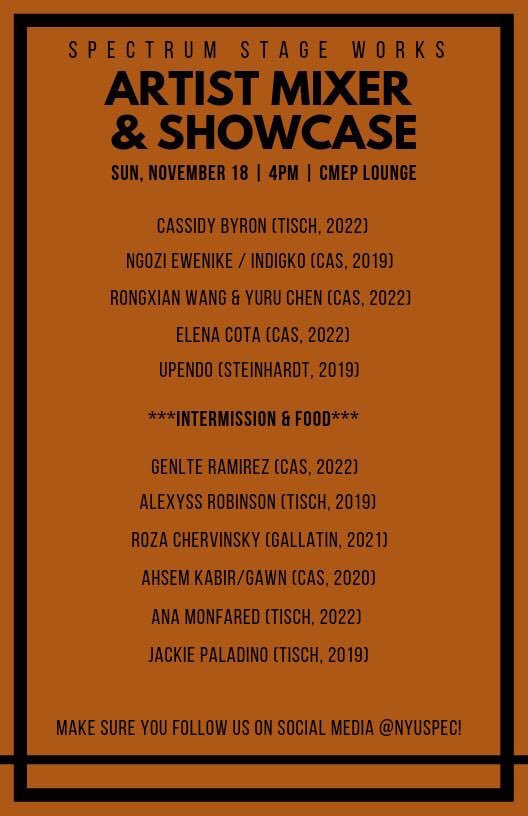 nyuspec's tweet photo. Less than 24 hours until SPEC’s Artist Mixer and Showcase! 4pm at the CMEP Lounge in Kimmel, pull up! https://t.co/nHQKy8DkNy