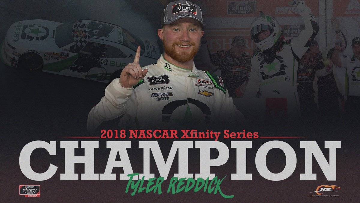 JRMotorsports's tweet photo. .@TylerReddick and the No. 9 @BurgerFI team takes the checkered flag @homesteadmiami and win the 2018 @NASCAR_XFINITY championship! https://t.co/hdi5daGxhK