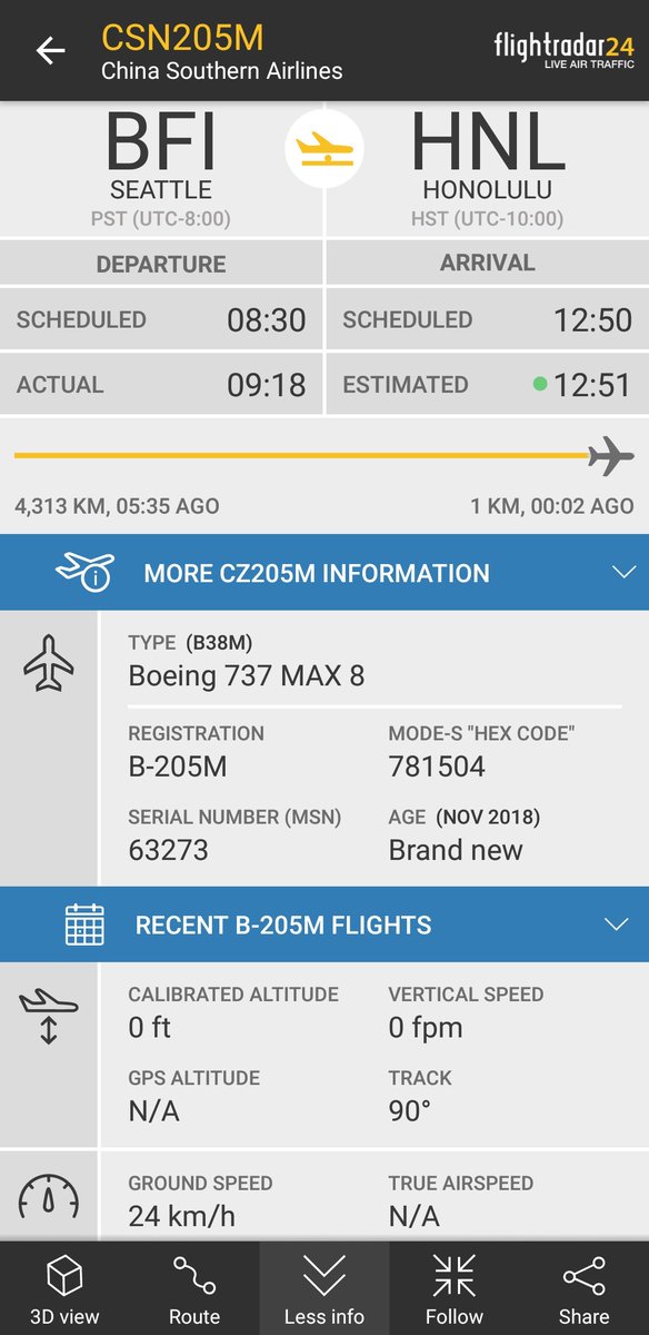 FlightIntl's tweet photo. Delivery: Hainan Airlines and China Southern Airlines are both receiving a new Boeing 737 MAX 8. The aircraft are flying from Seattle (BFI) via Honolulu

Hainan: #HU207 https://t.co/1p5IUvEZDh 
China Southern: #CSN205M https://t.co/2ZdnUmiI9y https://t.co/tUDiz5FsHQ