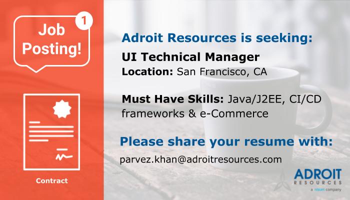 adroitjobs's tweet photo. We are seeking a UI Technical Manager for one of our premier clients.
To gather more details, please click on the following link: https://t.co/vMyvD7QiV5 #AdroitJobs #Hiring #Java #J2EE #CodeigniterFramework #eCommerce #UI #SanFranciscoJobs #CAJobs #USJobs https://t.co/saRkDnZGS9