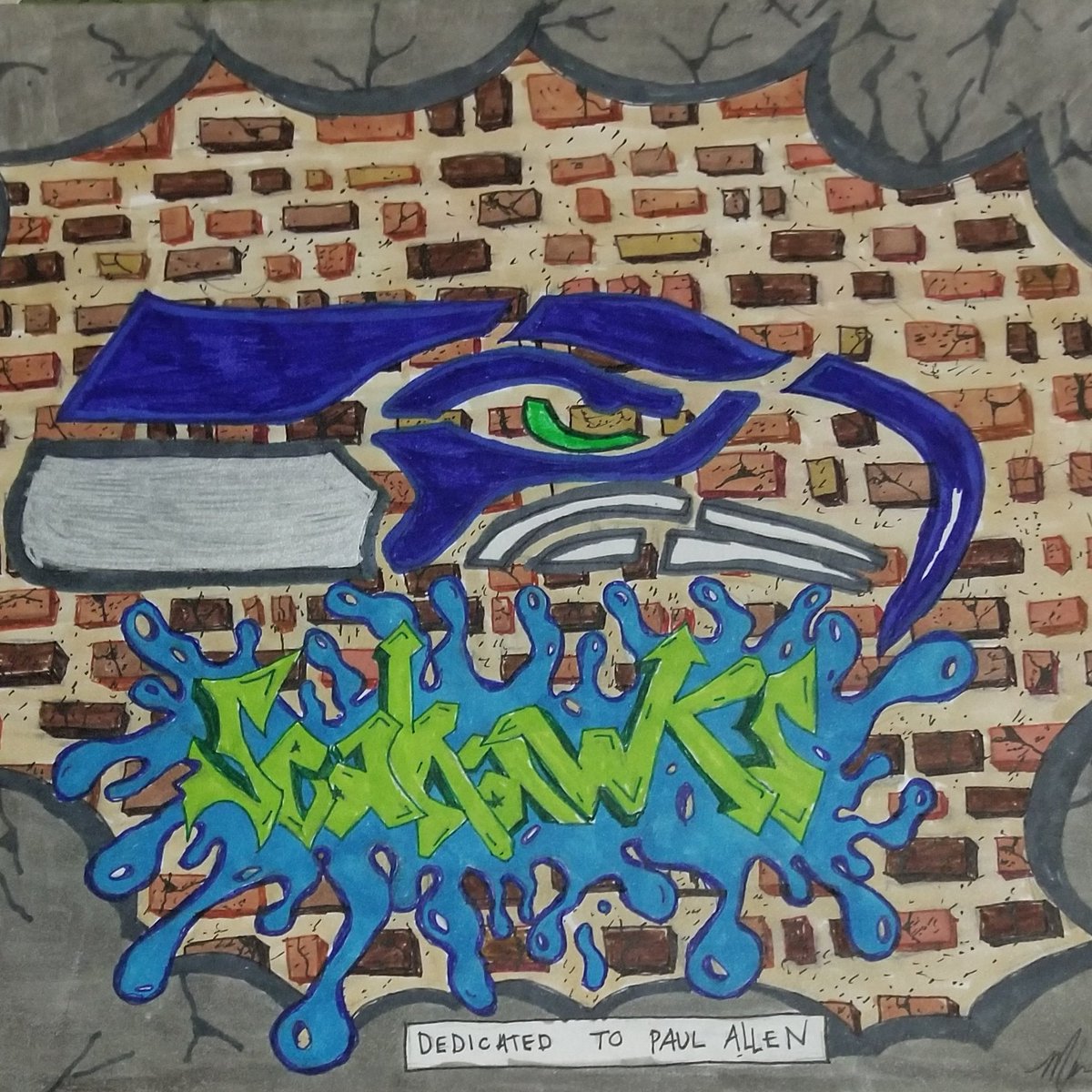 SexyHeathen's tweet photo. #Seahawks #blackbookart #SeattleSeahawks #rippaulallen #graffitiart #graffiti and a big happy birthday @Bwagz https://t.co/poSVvqHMX5