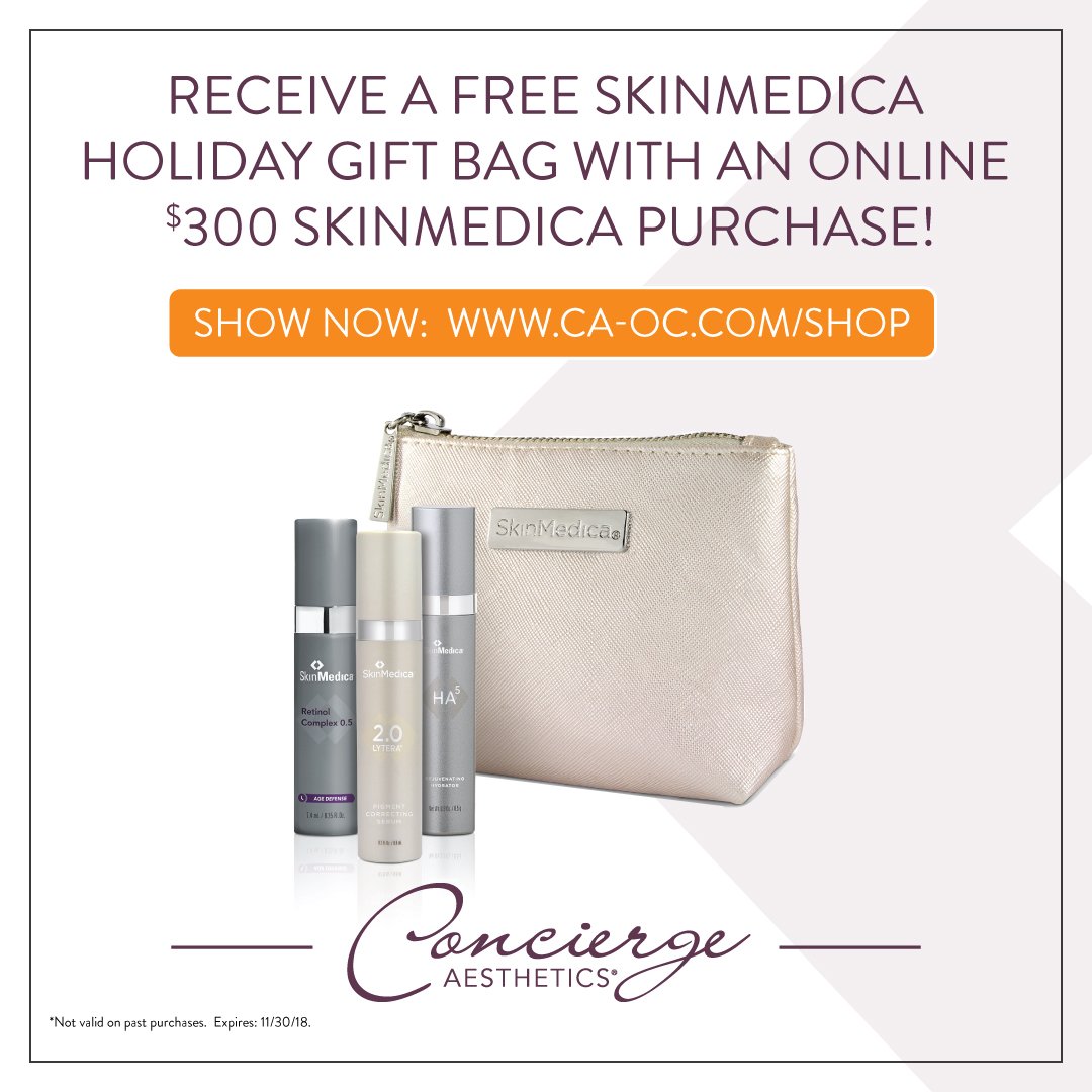 CAOCIrvine's tweet photo. Shop Our Online Store:  https://t.co/SPCRpg7GCJ and Receive a FREE SkinMedica Holiday Gift Bag with a $300 SkinMedica Purchase*!
.
*Expires: 11/30/18.  Available Online Only.
.
#skinmedica #skincare #conciergeaesthetics #bestoftheoc #perfectskin #skin https://t.co/Ah4BbJObRC