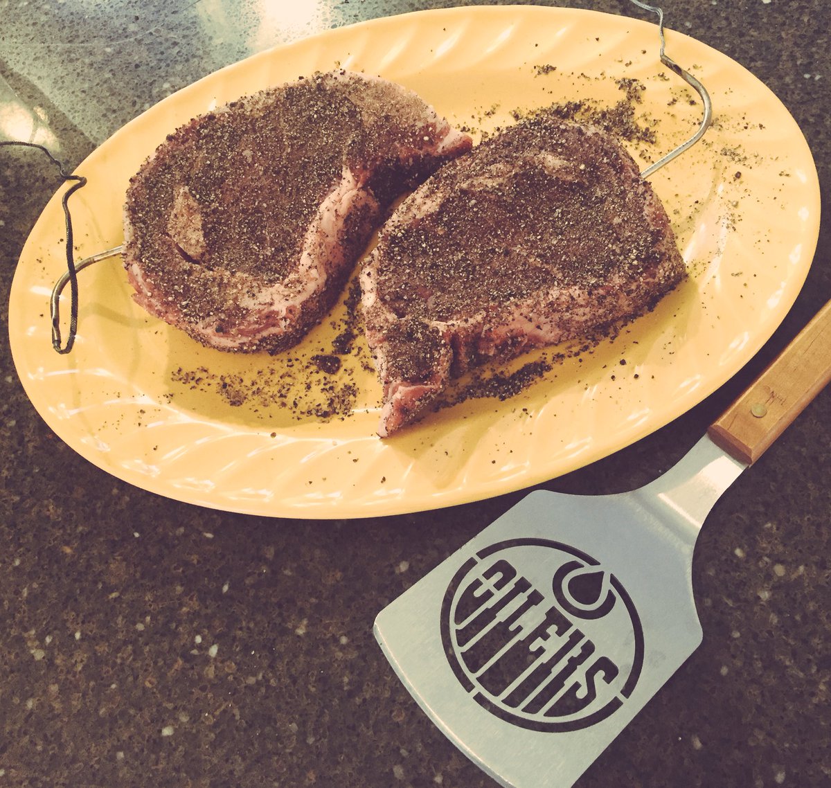 ltbelik's tweet photo. Couple Alberta beef ribeyes cut an inch and a half thick to pre-game for the Battle of Alberta. #traegar #steak #lowandslow #reversesear #withbutter #albertabeef #BattleOfAlberta #LetsGoOilers https://t.co/IfBPAxGQDe