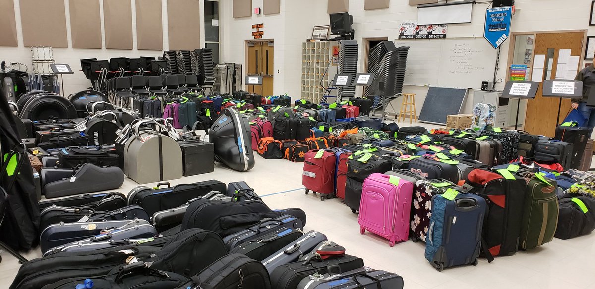 Tomorrow's the day! Here's what 3 buses worth of luggage and instruments look like. Students are to show up at 10:30 to begin loading all of this! #CFEVS