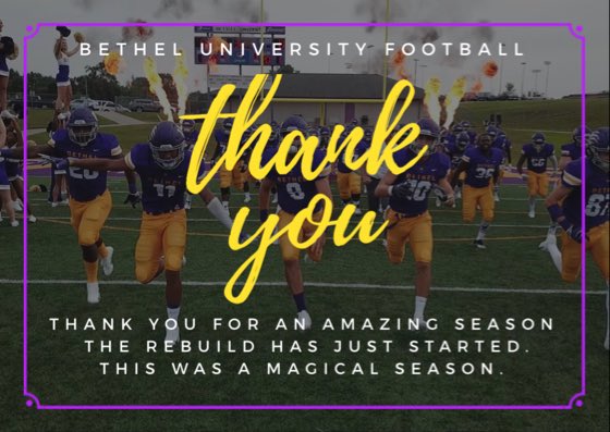 BethelTNAlumni's tweet photo. A big thank you to @BU_FootballTN on this amazing season. It might not have ended the way you wanted but it was still one of best ever. We are all proud alumni and know big things are coming your way in the future. The #reBUild18 was more than successful! https://t.co/iLcSute4z4