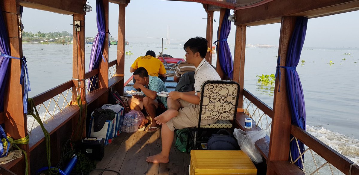 GeomorphicJosh's tweet photo. Here we go! 5 hours to sample our sections on the rising tide. Can we do it? #TeamADCP fuelling up for a tough morning in the sun #Rameses #Mekong https://t.co/XSSZ5nG8by