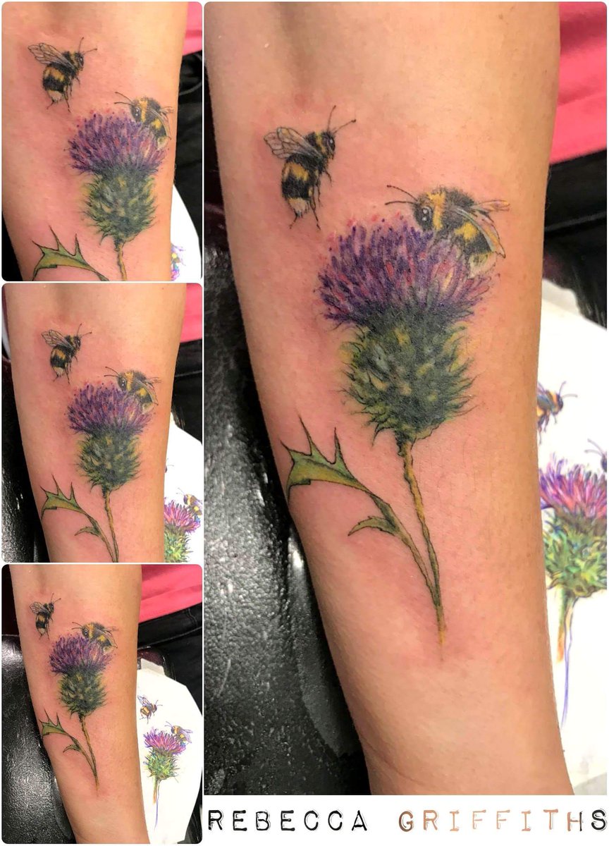 Beautiful thistle and bumble bees - By Becky #VintageFloralTattoo #DutchCourageTattoo #BeckyGriffithsTattoo #BeeTattoo #NatureTattoo