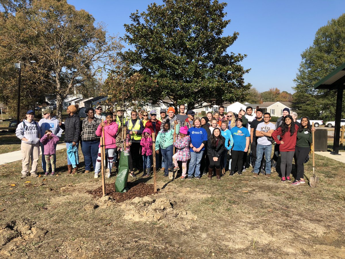 abj4cleanwater's tweet photo. Volunteers showed up in force to plant 57 native trees in Hopewell today. They transformed two barren parks into wildlife habitat for birds and shade for the playgrounds. #moretreespls @chesapeakebay Can’t wait to see these playgrounds next Spring. https://t.co/OafX5AwUOk
