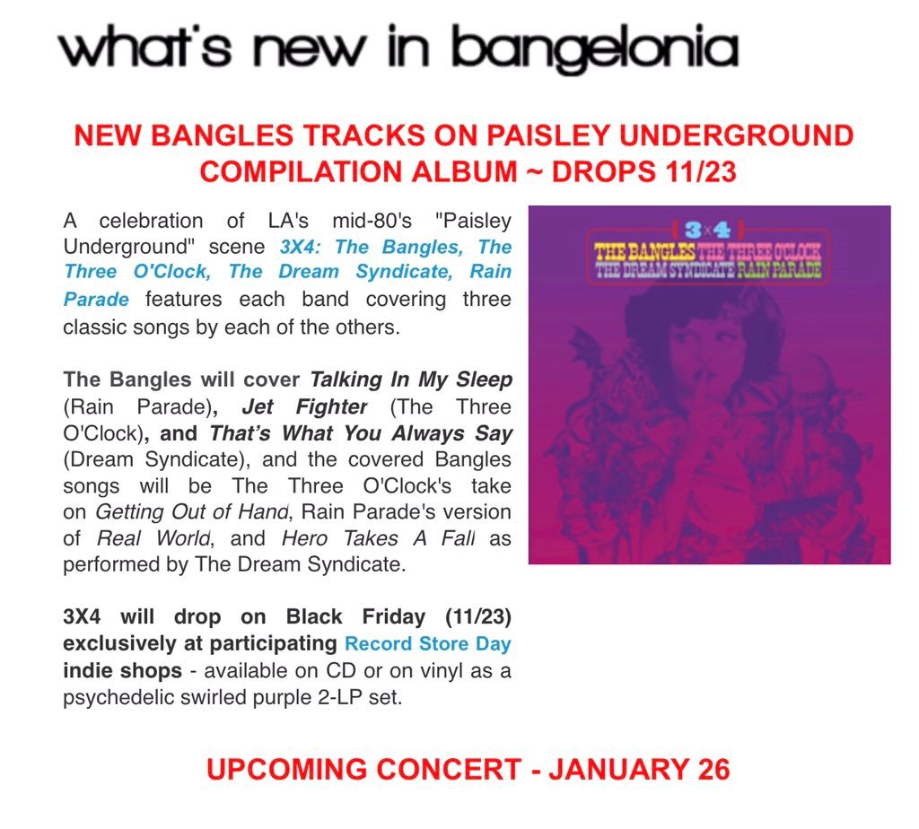 From TheBangles.com

It would be so cool if the upcoming Paisley Underground 4x3 concert Jan 26 would be recorded and sold as a DVD. 

#TheBangles @SusannaHoffs @VickiBangle @DebbiMPeterson @annettejeane1
@The3Oclock 
@_DreamSyndicate @stevewynn 
#RainParade