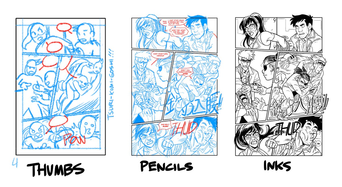 Here's my progression from thumbs to inks! (This is page 4 from THE LONG CON Issue #5!) 