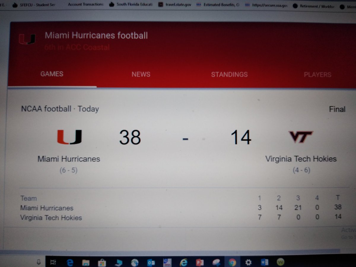Go Canes! UM 38 Virginia Tech 14