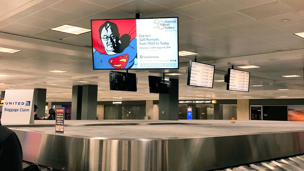 KimSajet's tweet photo. @NPG colleague #ClaireKelly sent me this 📸 of #NationalPortraitGallery 💥 #digitalsign of #RogerShimomura 🦸🏻♂️ #Superman #portrait in our current #EyetoI #SelfPortrait #exhibition @Dulles_Airport ✈️ 😁 https://t.co/P536m58Irr