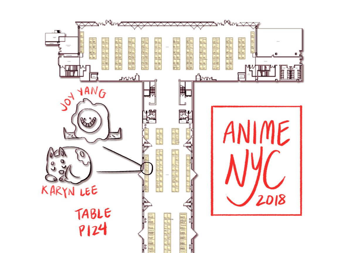 COMPLETELY forgot to post a picture of our table location here, so hello twitter if you want to find me tomorrow at Anime NYC, I am on the side with some eggs 