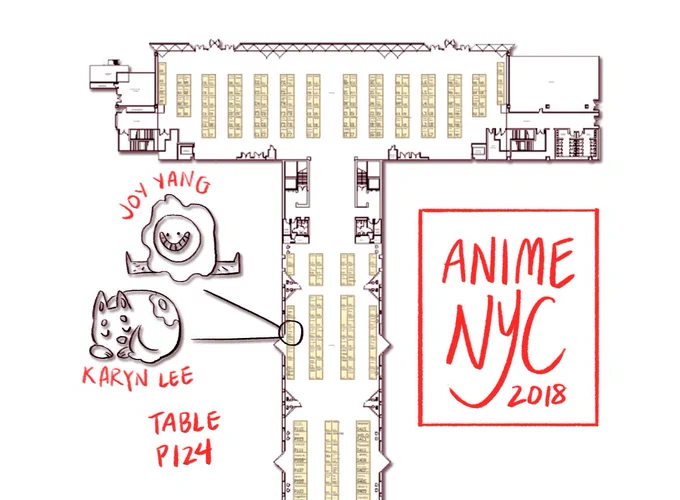 COMPLETELY forgot to post a picture of our table location here, so hello twitter if you want to find me tomorrow at Anime NYC, I am on the side with some eggs 