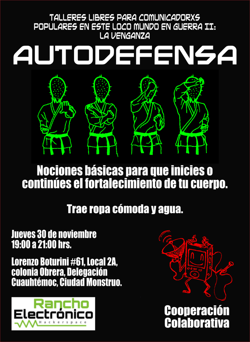 hackrancho's tweet photo. Próximo jueves 30 de noviembre: Autodefensa. Trae ropa cómoda y agua para que inicies o continúes el fortalecimiento de tu cuerpo. https://t.co/GHjkhmHoCg #Ranchoelectronico #Jiujitsu #Cowfounding #CooperaciónColaborativa https://t.co/Wti3XBFv5I