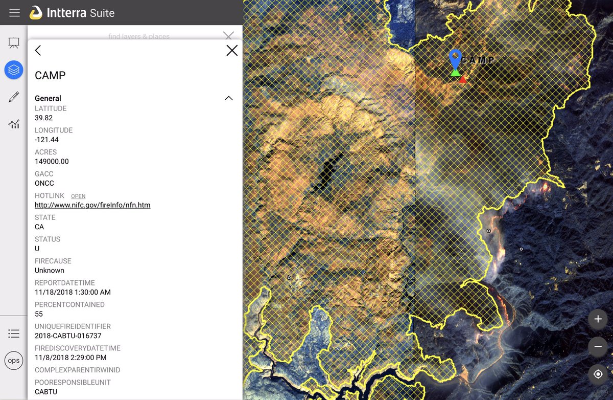 RSFireNerd's tweet photo. 🛰🔥 NIR & SWIR satellite imagery data over the #CampFire (17 Nov). Now 149,000 acres & 55% contained. You can see the #Intterra #SatelliteIntelTool with the data & latest #GeoMAC fire perimeter & #MODIS/#VIIRS hot spots. @Intterra #RemoteSensing #ButteCounty #Paradise #Chico https://t.co/PBwJ4HW280