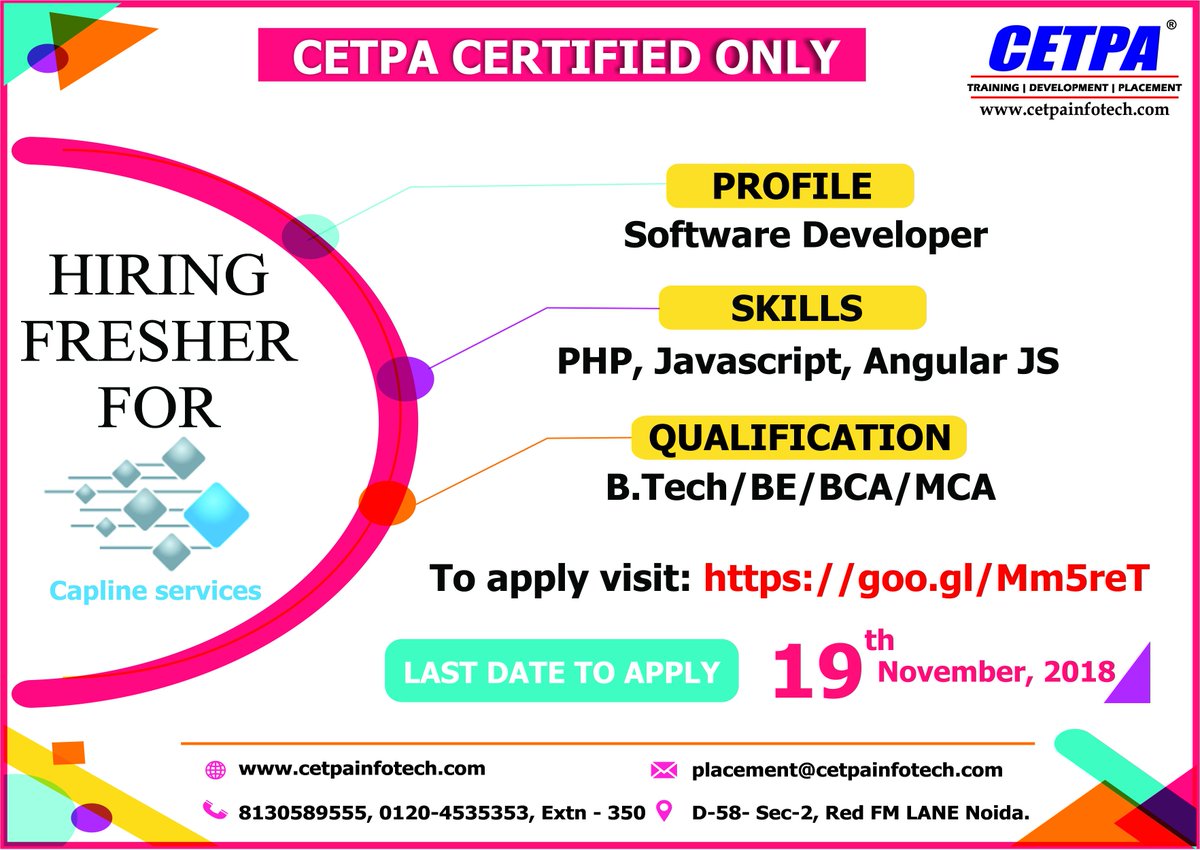cetpainfo's tweet image. BACK TO BACK PLACEMENT DRIVES ORGANIZED FOR CETPA CERTIFIED STUDENTS. GET SET GO ~ ~
Profile:-#Software_Developer
Company: Capline Services
Click to apply:- goo.gl/Mm5reT
#PHP_Developer #Software_Developer #Javascript #AngularJS #jobopportunities #placement #Careers