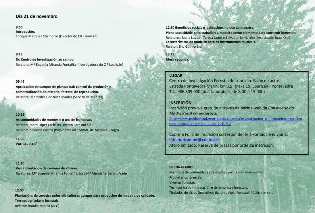 AFG_asociacion's tweet photo. #XornadaTécnica "Árbores de cerdeira seleccionadas para uso forestal". O 21 de novembro, no #CIF_Lourizán. Coa participación do Enxeñeiro da AFG, Braulio Molina #AFG_Difunde #AFG_Participa. https://t.co/zQyUOdNxyb