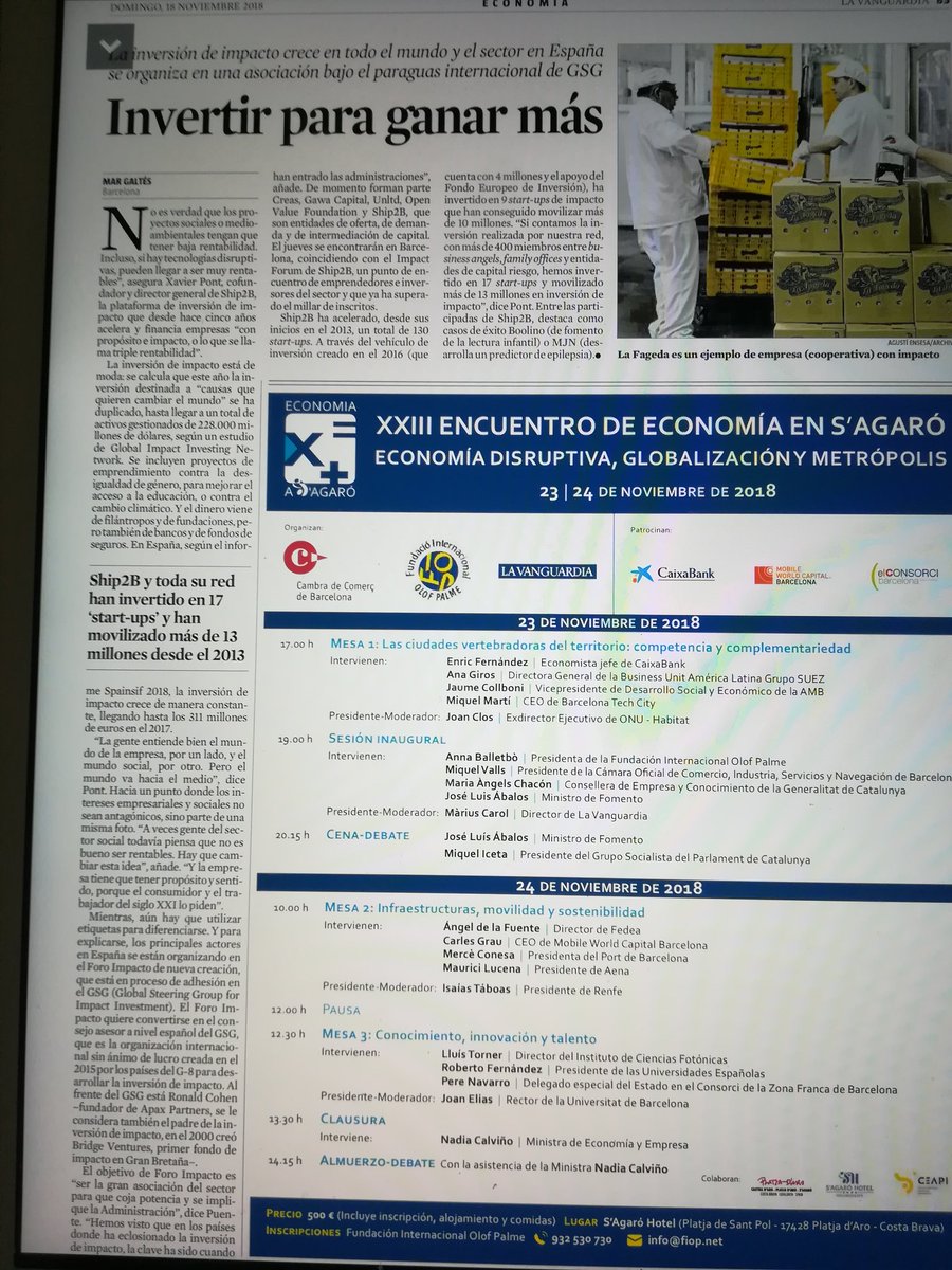 diegodron's tweet photo. "Invertir para ganar más" por @margaltes en @LaVanguardia: La inversión de impacto crece en todo el mundo y el sector se organiza en una asociación bajo el paraguas internacional de GSG. #ImpactoSocial #S2BImpactForum https://t.co/r2yrwr90hZ