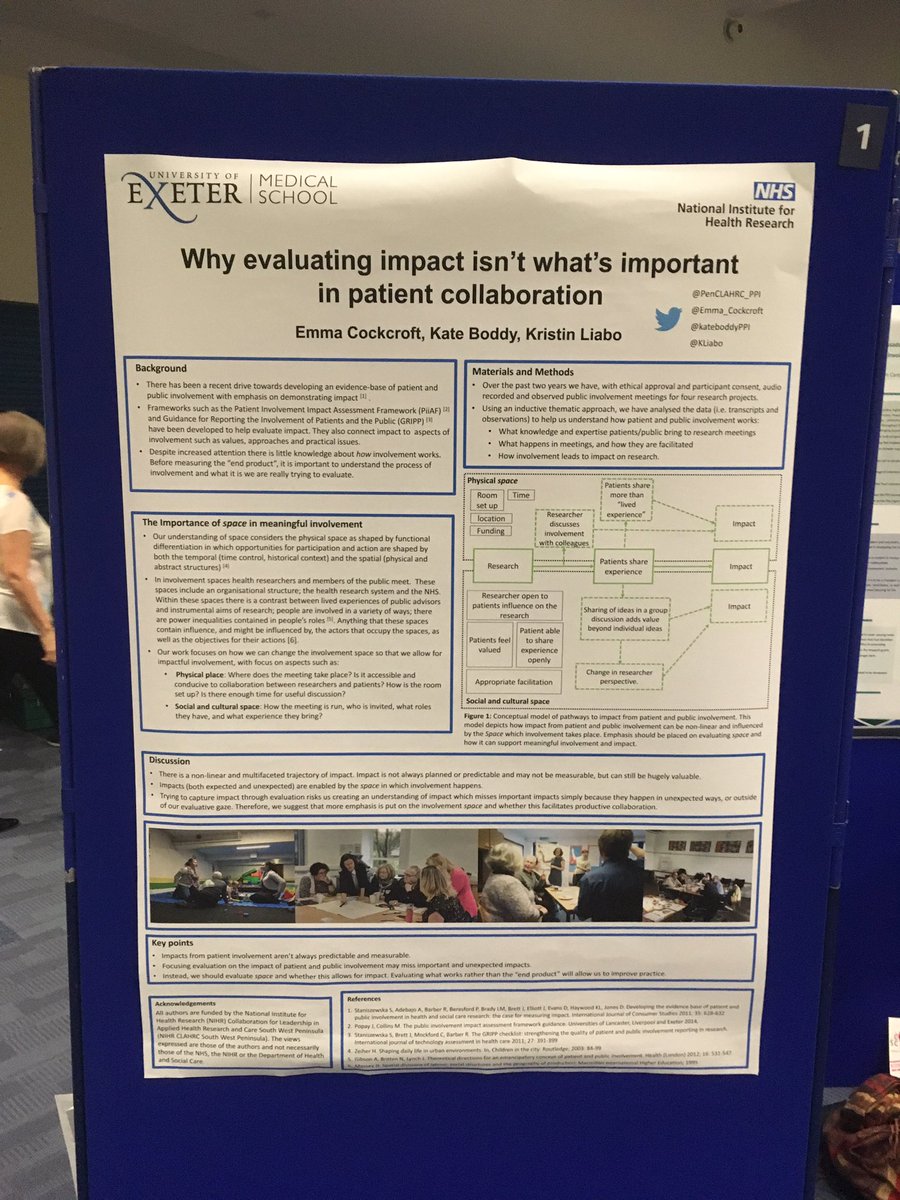 AnnaLJswede's tweet photo. Great to see @Emma_cockcroft at @intppieval with her poster (w/ @PenCLAHRC_PPI @KLiabo @kateboddyPPI) about how measuring impact of #PPI can be non-linear & is influenced by the space in which it takes place. Does the space facilitate productive collaboration? #intPPIeval18 https://t.co/X3w2MldA9t