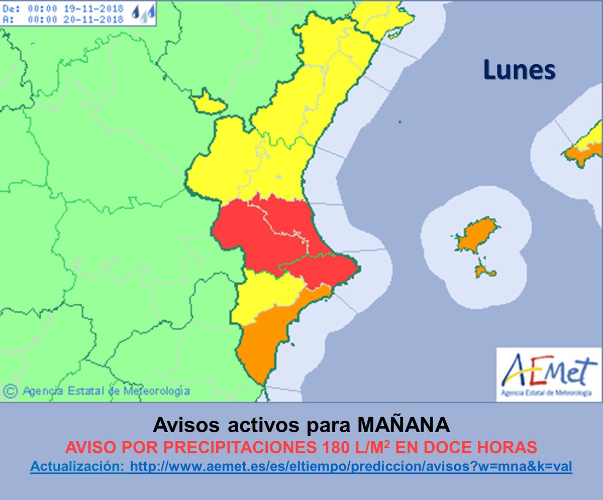 AEMET_CValencia's tweet photo. ¡ATENCIÓN a las próximas 36 horas! Situación meteorológica muy adversa sobre todo en la mitad sur de la provincia de Valencia y litoral norte de Alicante. #Aviso ROJO activado para mañana. Se pueden acumular 180 l/m2 en 12 horas. Actualización:
https://t.co/Nk7Ww4TASz https://t.co/F7oS7Cd7aa
