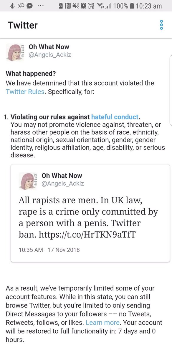 DrJessTaylor's tweet photo. @Twitter @TwitterSupport - this tweet describes U.K. law. Why have you banned this woman?
Why should she have to delete a tweet that accurately describes UK rape law? In the U.K. the act of rape has to be committed by a male with a penis (SOA, 2003).
This is not hate speech. https://t.co/eIDo5SKaiz