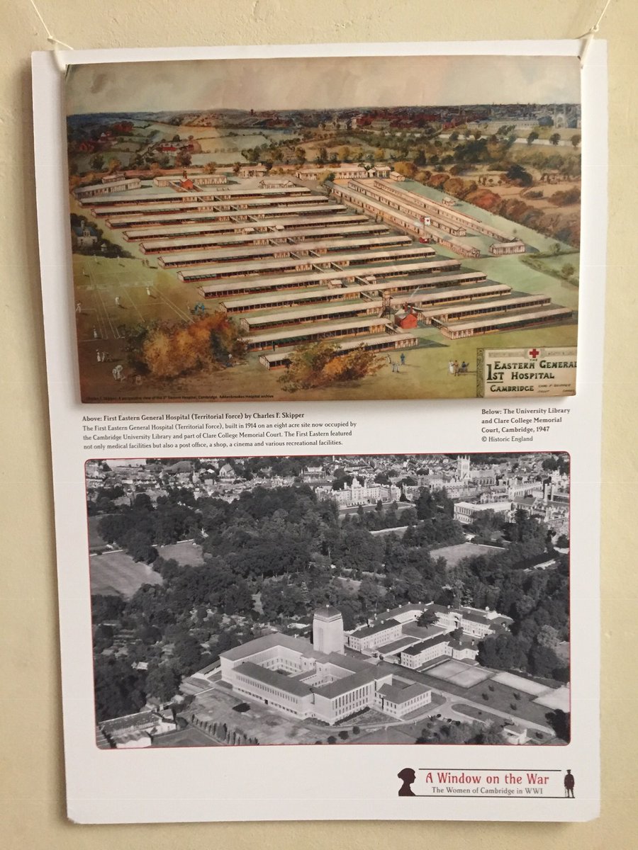 WindowWar's tweet photo. Our #WindowOnTheWar exhibition in @michaelhousecaf shows where the massive #WW1 hospital was in #Cambridge - @theUL was built on the site after the war. https://t.co/GdQhY3CqEj
