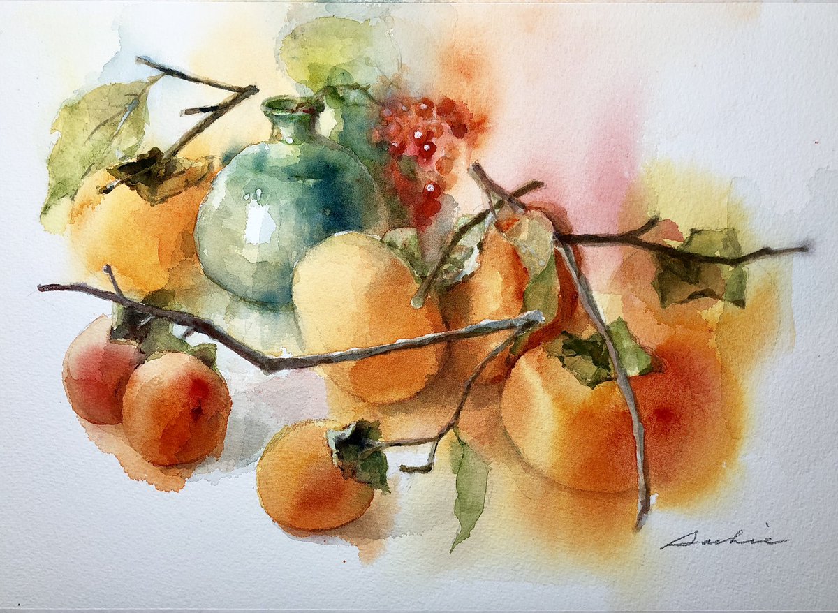 絵画「里山は実りの秋」 水彩画