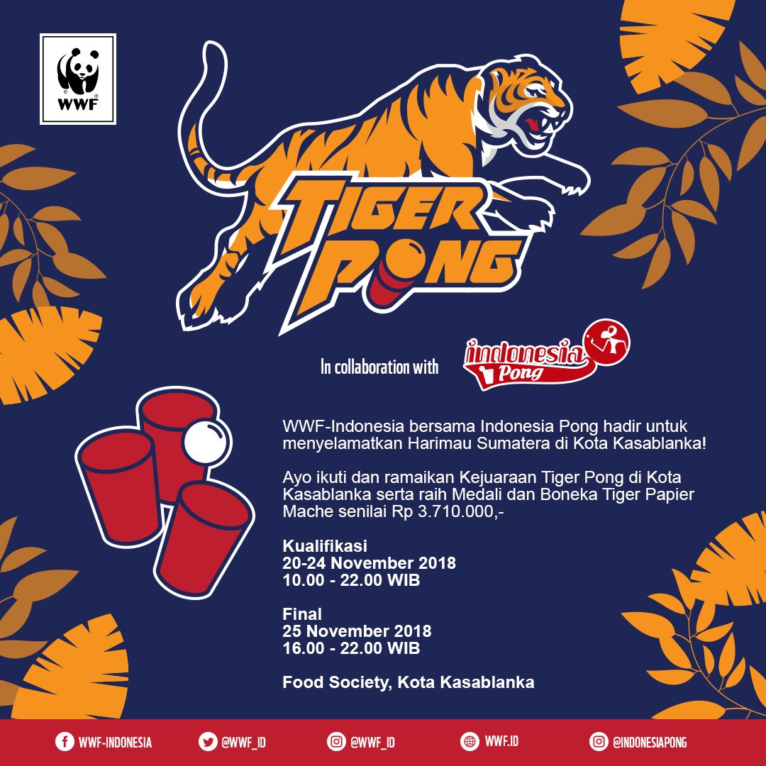 WWF_ID's tweet image. Hi Sobat! Hari Selasa besok tanggal 20 November - Minggu 25 November, Indonesia Pong &amp;amp; #WWFID mengadakan #TigerPong di Food Society, @kotakasablanka.
Yuk, ramaikan! Kita lomba main pong sambil kampanye penyelamatan harimau! 🐯x🐯