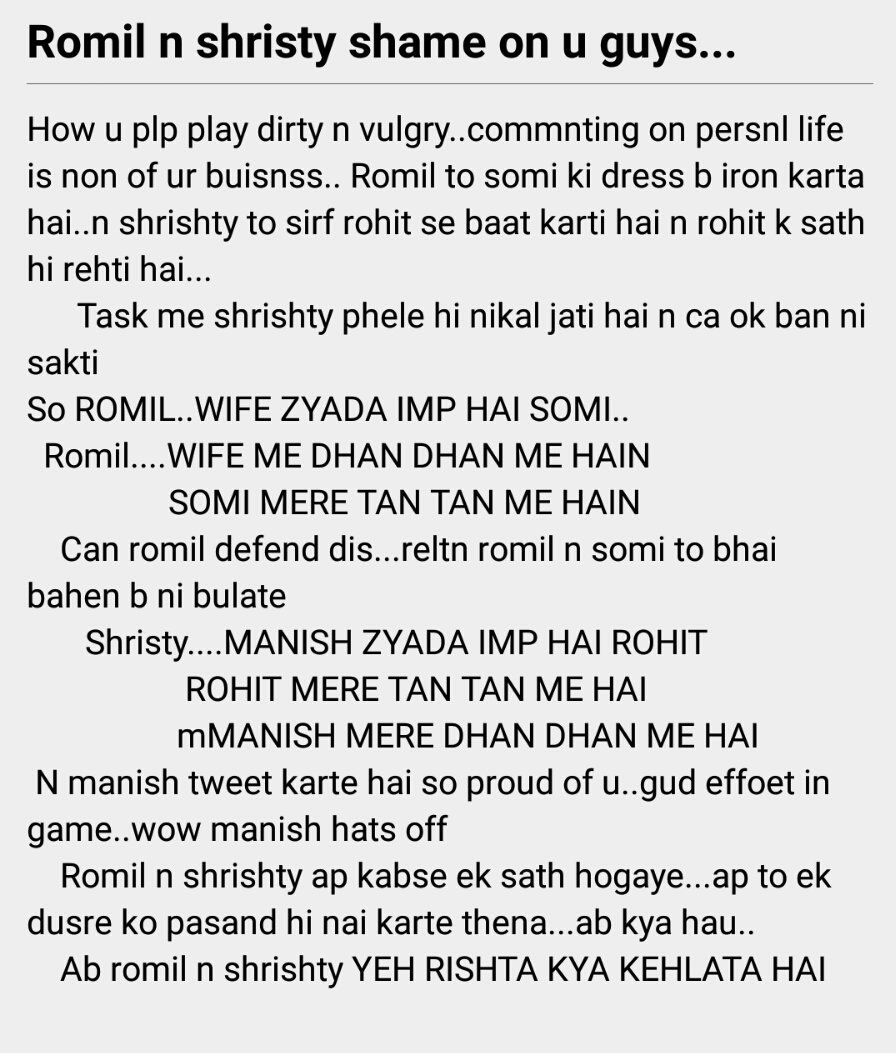 aarizain's tweet photo. @EndemolShineIND @BeingSalmanKhan @ManishNaggdev @SrSrishty @DipikaDipStars @TheKhbri @DipikaDipStars 
#RomilChoudhary #Srishty 
Shame on u guyz hate u https://t.co/Ku1HouUD3q
