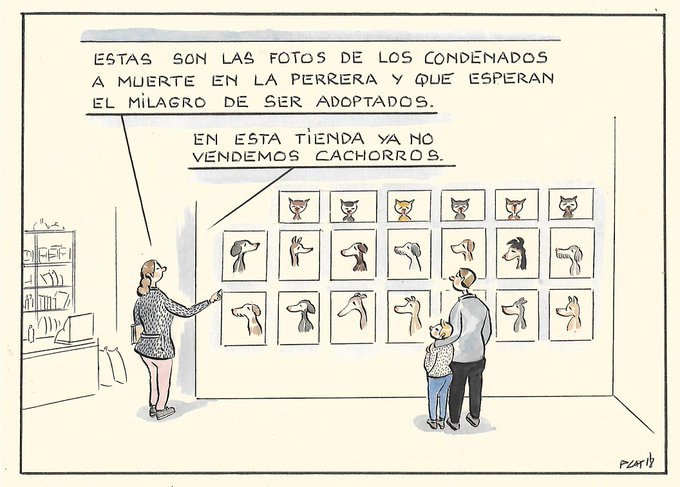 » Tuit ❤️:

Mi viñeta de hoy jueves 15 de noviembre de 2018.
Las perreras son infiernos para seres inocentes y puros. El texto que me ha inspirado esta viñeta es demoledor y se puede leer en la misma viñeta de hoy que he puesto en Facebook. Lo he insertado con permiso de Est…
