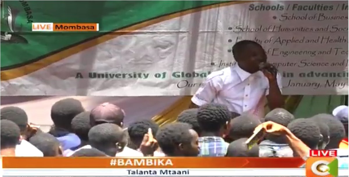 It is the talanta mtaani segment and performing is rap artist Beloved Omega (BO) #Bambika