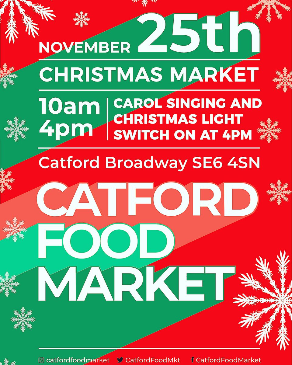 Keep it local this #CatfordChristmas. 
1 week ‘til 25th Nov, when you can shop for all you need at the @catfordfoodmarket. 
Traders will be offering street food &amp; non-food treats of hand tied wreaths &amp; bouquets. 
Don’t forget free kids crafts &amp; the Xmas lights switch on at 4pm.