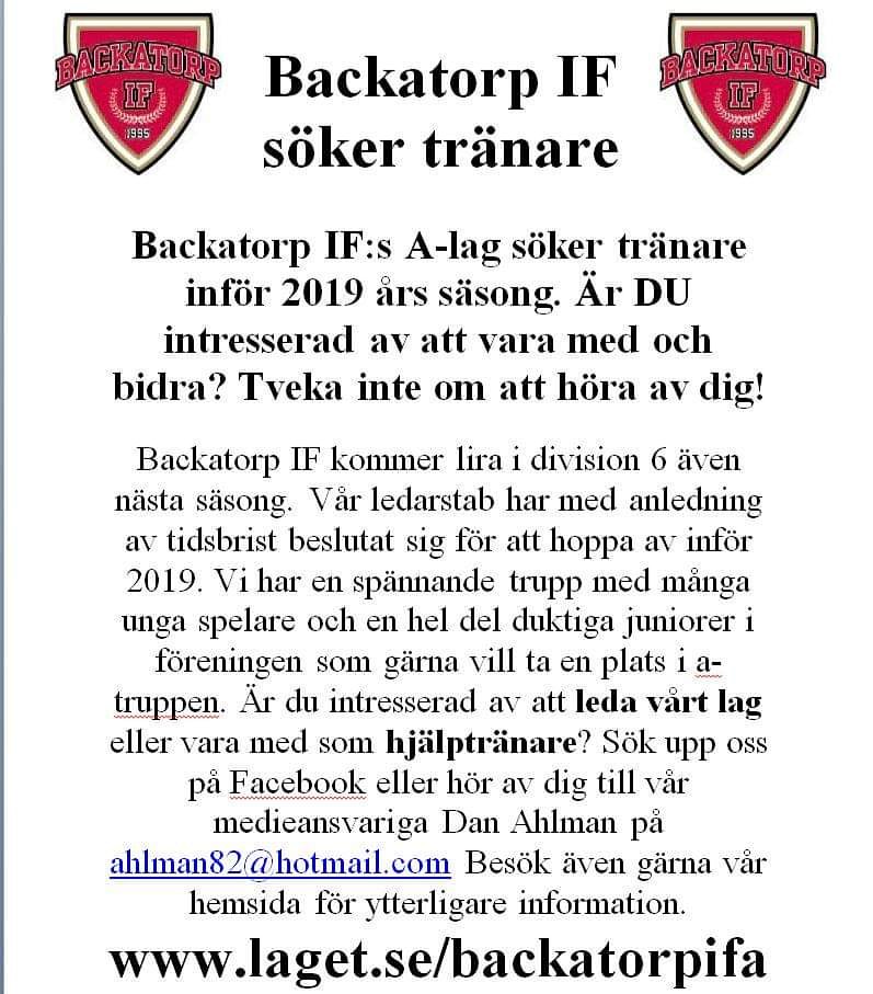 DanAhlman's tweet photo. Är du intresserad av att leda @BackatorpIFAlag nästa säsong? Hör då av dig till mig här på twitter eller på ahlman82@hotmail.com https://t.co/cIirZNMZDw #rastaochdalla #div6d #sillyseason #gbgboll #gbgfotboll #031fotboll https://t.co/ODyPT7mvXe