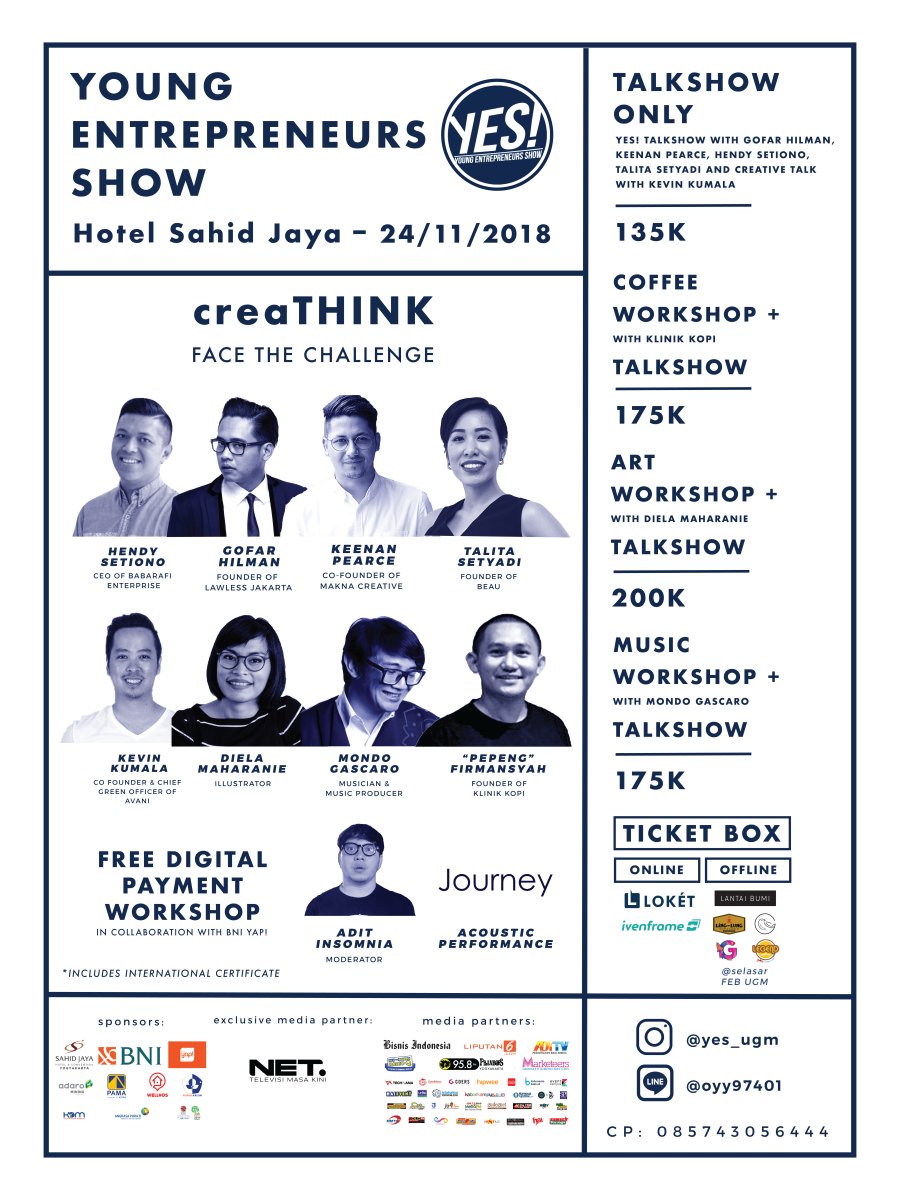 YES! 2018 akan hadir di Hotel Sahid Jaya &amp; Convention Yogyakarta pada 24 November 2018 dengan tema 'CREATHINK'. Akan ada talkshow dengan pembicara inspiratif dan juga workshop yang menarik dengan orang-orang berbakat. Beli tiket Anda sekarang! <a href="/YES_UGM/">Young Entrepreneurs</a>