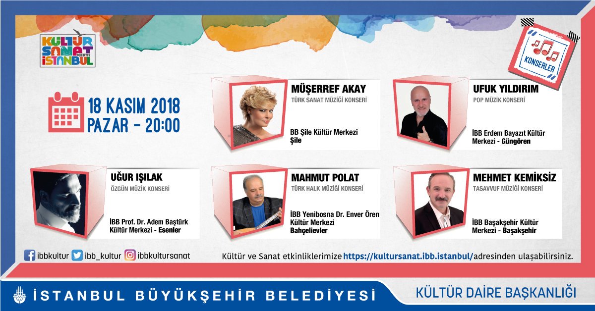 Bu akşamki konser programımız;
#ibbkültürsanat

<a href="/ugur_isilak/">Uğur Işılak</a> <a href="/mkemiksizmk/">Mehmet Kemiksiz</a>
#MüşerrefAkay #UfukYıldırım #MahmutPolat