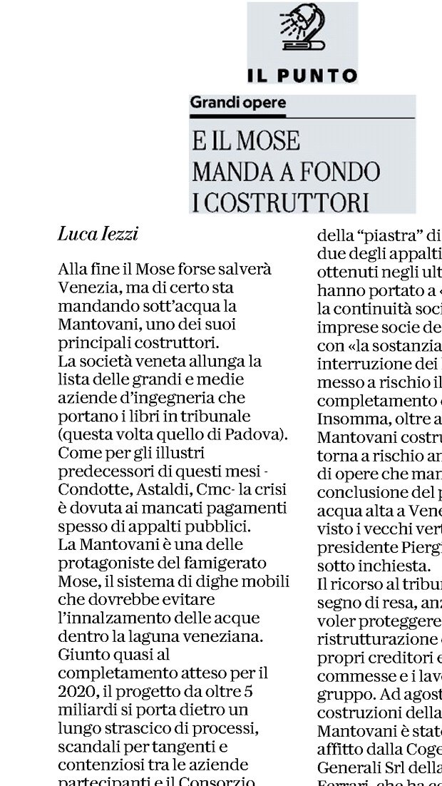 FilcaCisl's tweet image. #Costruzioni, si allunga la lista delle grandi imprese in crisi: dopo #Astaldi, #Condotte e #Cmc è la volta di #Mantovani, messa in ginocchio dalle vicende del #Mose di #Venezia. 
#edilizia #18novembre