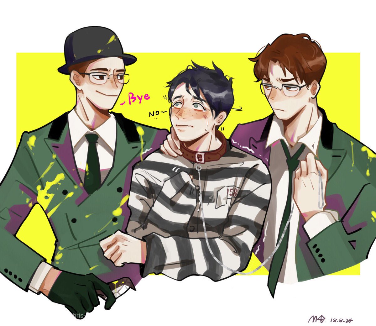 #NYGMOBBLEPOT  #GOTHAM 不翻译了随缘吧 ）第二张是改图，大概是救了鹅的是ed，但谜却靠着相同的相貌骗取鹅的信任，成为鹅鹅市长的副手，ed看着他们的美好生活，由爱生恨。而谜从来就没有爱过鹅，只是靠他上位，最后谜把鹅从阿卡姆里救了出来，转手卖给了内心黑掉的ed…（？？我在说啥玩意