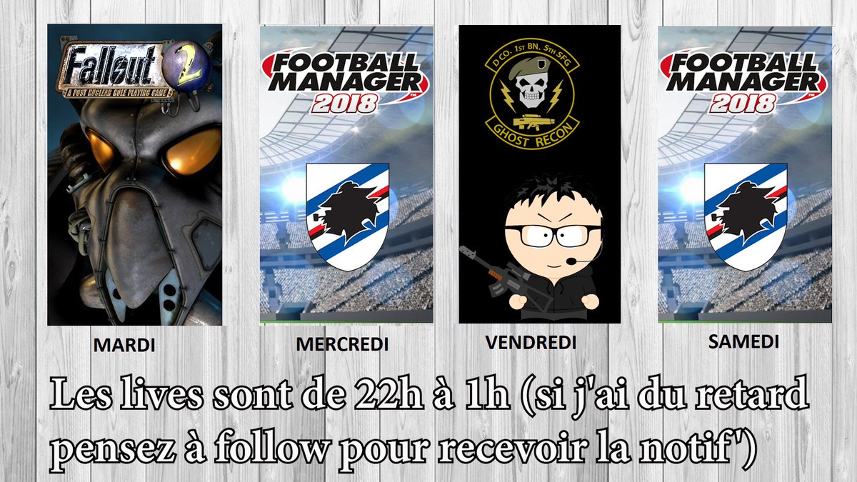 ludumfabulafm's tweet photo. Le planning de la semaine qui offre joie et bonheur sur la terre. Et en plus, double ration de #FootballManager2018 pour poursuivre les aventures du berger en Italie. J'espère éviter l'AVC ! #Fallout #GhostReconWildlands Bon dimanche à tous 😘 https://t.co/Yzwb38hdoT