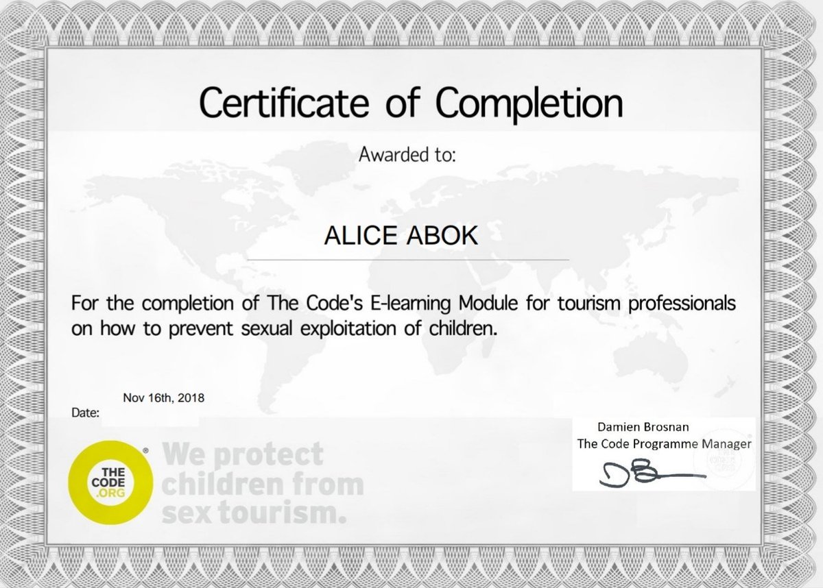 I challenge you to advocate for childsafe tourism: get certified! <a href="/GonaJudy/">Judy Kepher Gona #sttaconsulting</a> <a href="/CarmenNibigira/">Carmen Nibigira, Ph.D.🇧🇮</a> <a href="/anto_ochie/">Anthony Ochieng</a> <a href="/DrLumala/">Prof. Masibo Lumala</a> <a href="/farouq_owuor/">Farouq</a> <a href="/RashidFawz/">Fawz Rashid</a> <a href="/Delinah_Mijide/">LinaM</a> @GEEMAINA <a href="/aabradier/">Dr. Betty Radier</a> <a href="/whthome/">Dr. Wolfgang H Thome</a> <a href="/mohammedhersi/">Mohammed Hersi : Mr Optimist</a> <a href="/JacintaNzioka/">Jacinta Nzioka, MBA</a> <a href="/wangechigitahi/">Wangechi Gitahi Travels</a> <a href="/NgaoAnthony/">Ngao Anthony</a> @Felixivayo <a href="/EddieMors1/">Eddie Mors| The Flying African🇰🇪🇺🇬</a> <a href="/MarindaSoU/">Marinda de Vos</a>