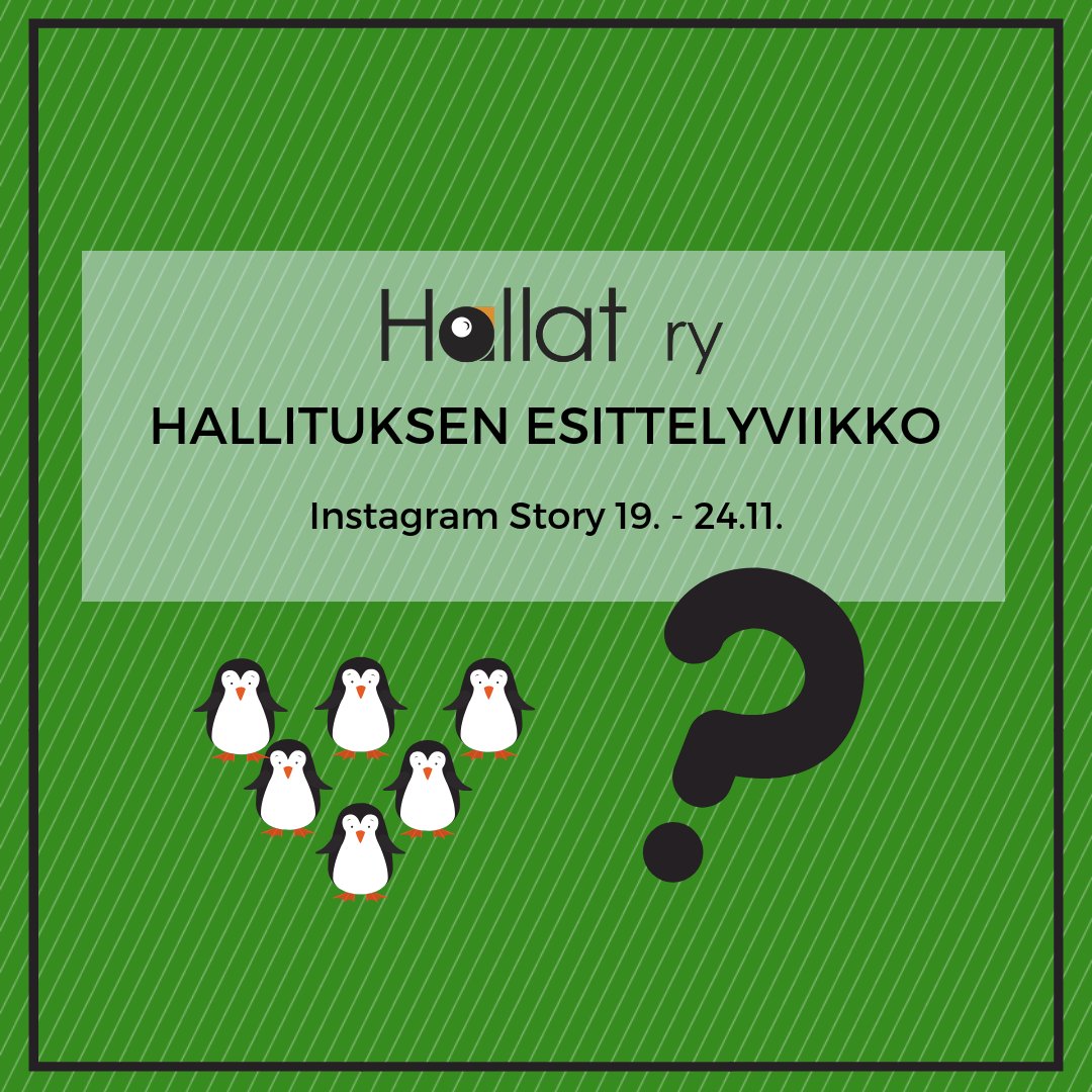Hallat_ry's tweet photo. Mitä Hallojen hallituslaiset oikein tekevät? Mitä eri pesteihin kuuluu? Mistä nimi Hallat tulee? Näihin kysymyksiin saat ensi viikon aikana vastauksia, kun Hallojen hallitus valtaa Instagram Storyn! Ota siis nyt viimeistään seurantaan IG 👉hallat_ry! #hallat https://t.co/J7W87BX1FP
