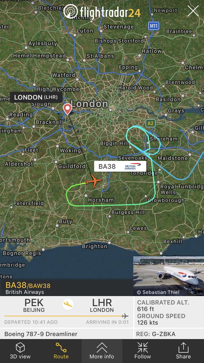 FlightIntl's tweet photo. British Airways flight #BA38 from Beijing to London (LHR) is diverting to London Gatwick after holding inbound to LHR https://t.co/Czxl9ZnwvW https://t.co/waqGdmDLpA