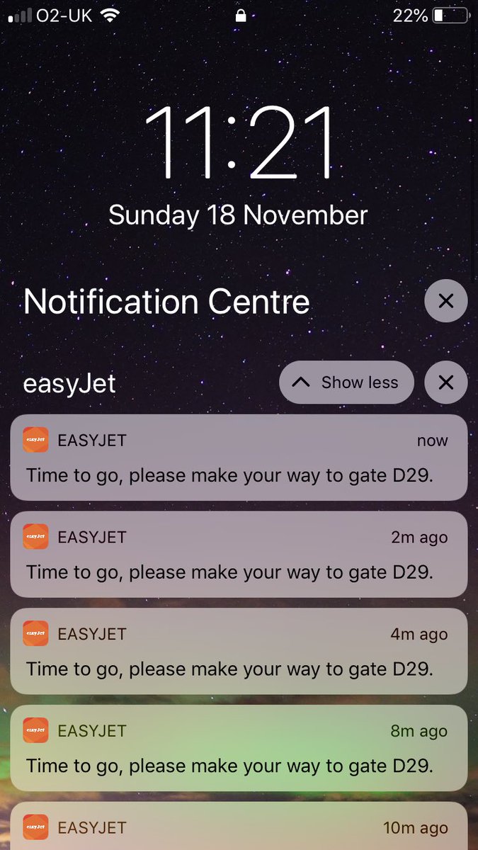 Shady1688's tweet photo. @easyJet We managed to fly home at 4pm yesterday only 21 hours late. But now I’m getting constant notifications to go to our gate! I suspect you’re about to send a very empty plane back to Luton! Please can you DM me so I can ask for the text stating my rights so I can claim compensation https://t.co/OidGLQ4jB3