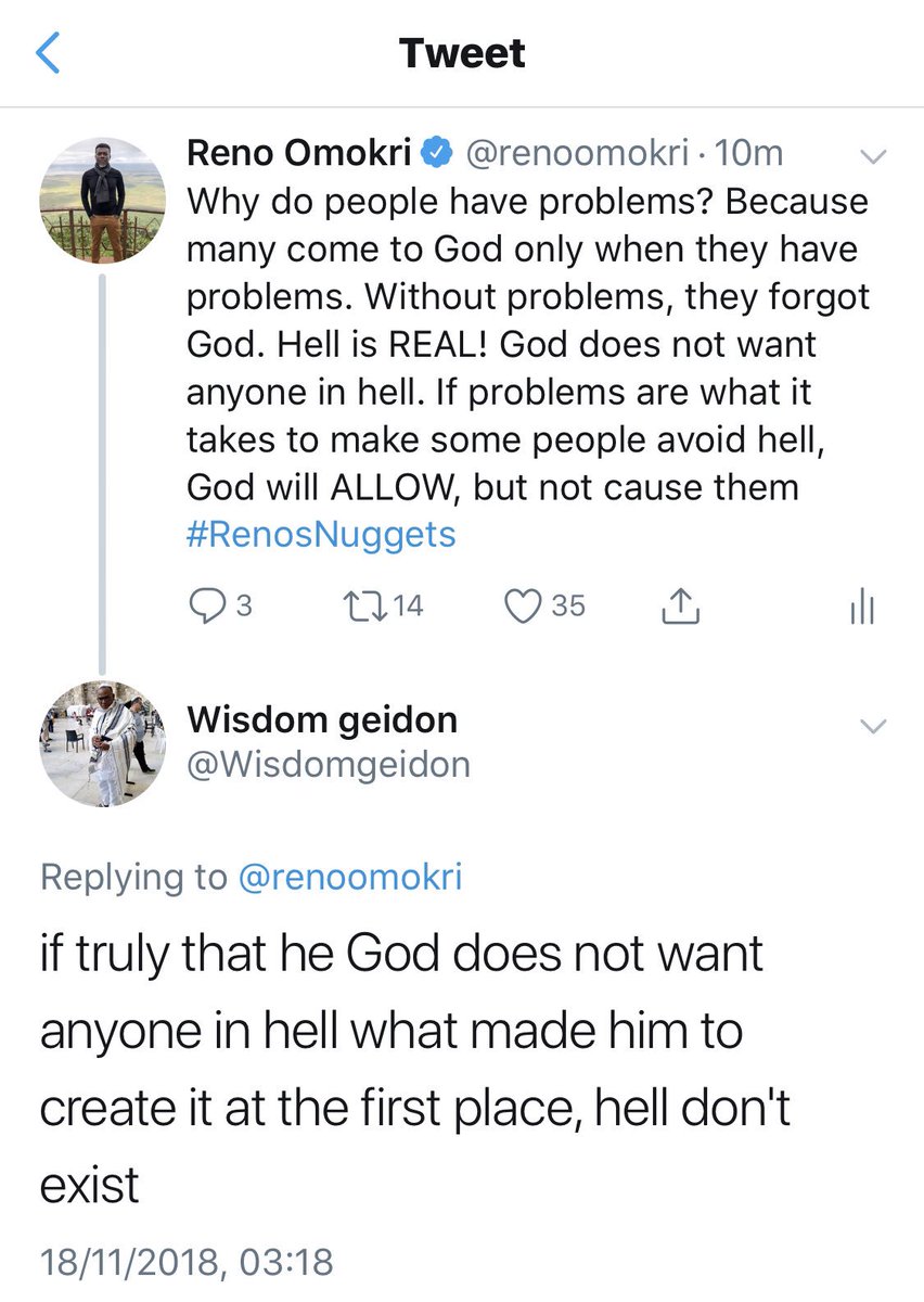 renoomokri's tweet image. Dear @Wisdomgeidon,

Heaven is a country. You live in a country. Even though your government does not want any citizens to go to prison, it still builds prisons because citizens have freedom and some will use their freedom to do evil and threaten the general good #RenosNuggets